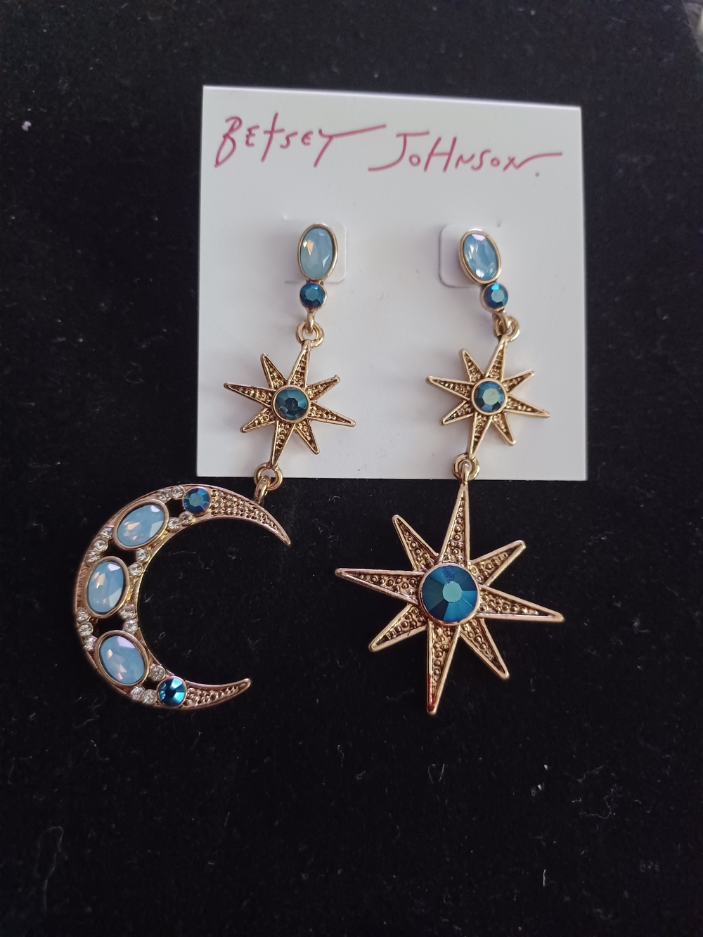 Betsey Johnson New On Card Gold-Tone Blue Moon & Star Drop Earrings